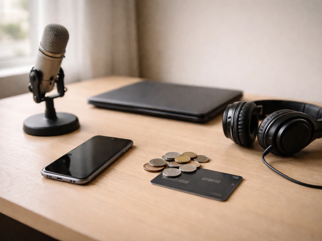 Minimal studio desk with microphone, headphones, and coins symbolizing music income sources.