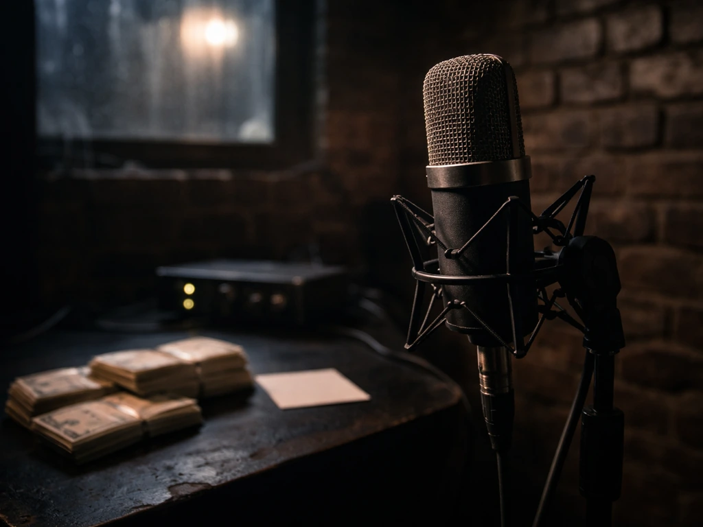 Moody studio scene with a microphone and shadowy urban backdrop suggesting a rap artist’s income and career