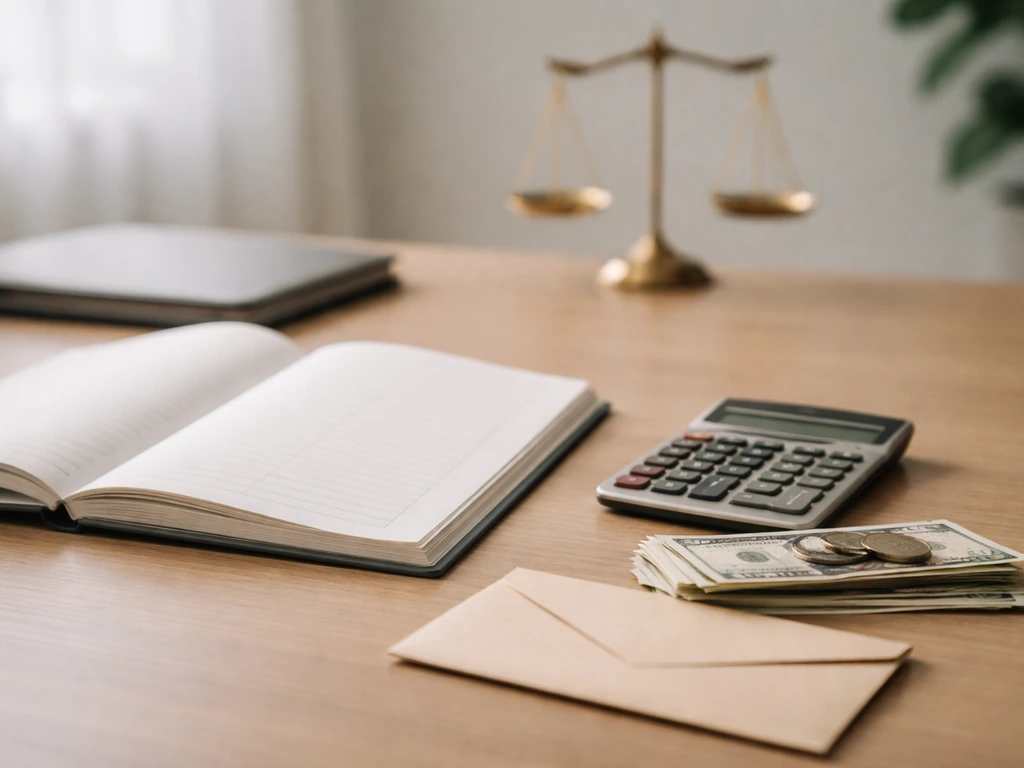 Minimal office desk scene showing a calculator beside cash and a simple open ledger, symbolizing assets minus liabilitie
