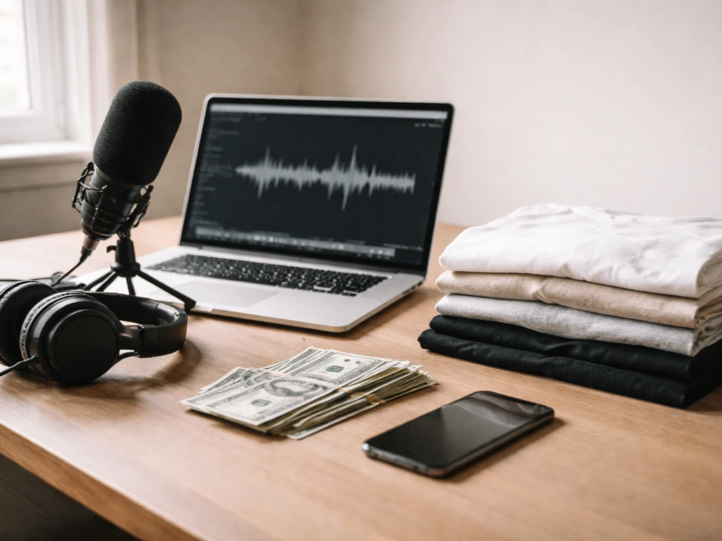 Minimal studio desk with music gear and scattered cash-like bills symbolizing multiple income streams