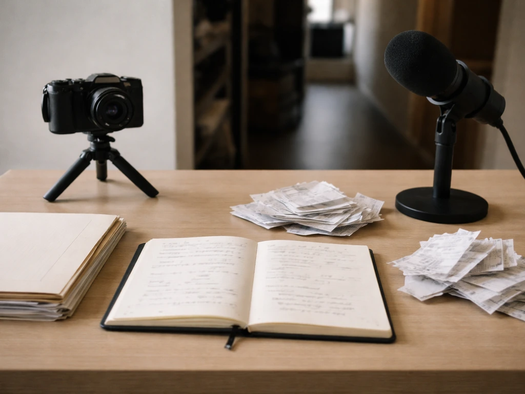 Minimal studio desk with camera rig and scattered expense receipts, suggesting production and unverified liabilities.
