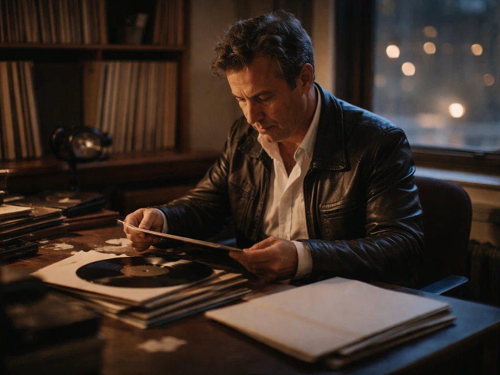 Anonymous music executive at a vinyl-filled desk in a New York studio office at dusk
