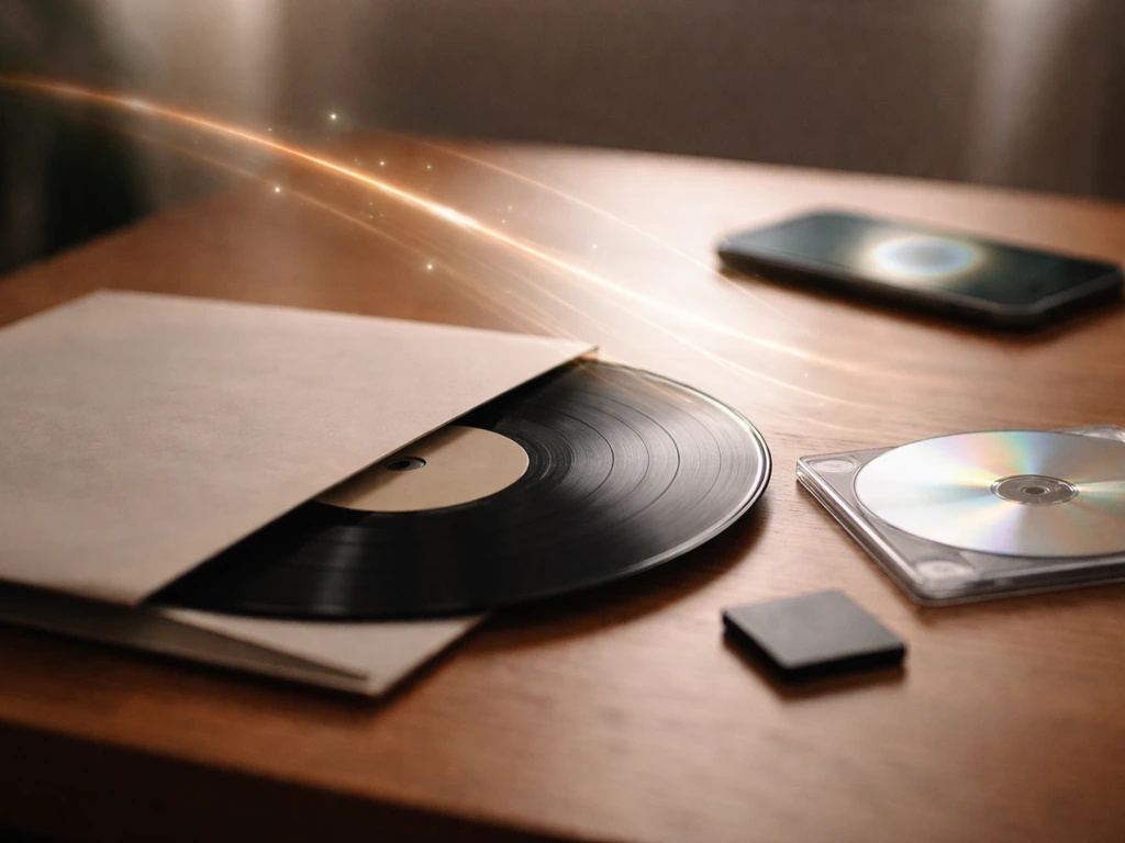 Minimal close-up of a record sleeve and streaming-style device icon lights, symbolizing catalog revenue