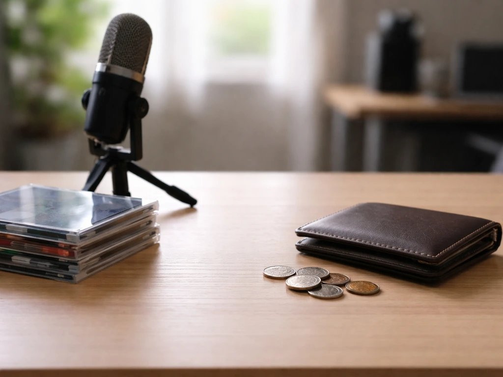 Minimal photo of a desk with media equipment and scattered coins, symbolizing varying net worth estimates