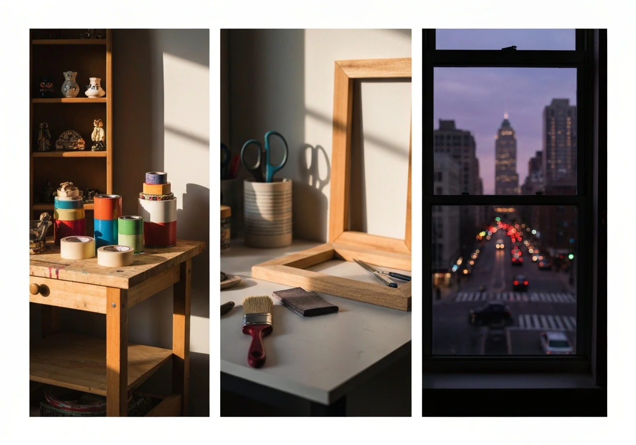 DIY junque and crafting tools on a workbench with a city view in the background, money-and-commerce vibe.