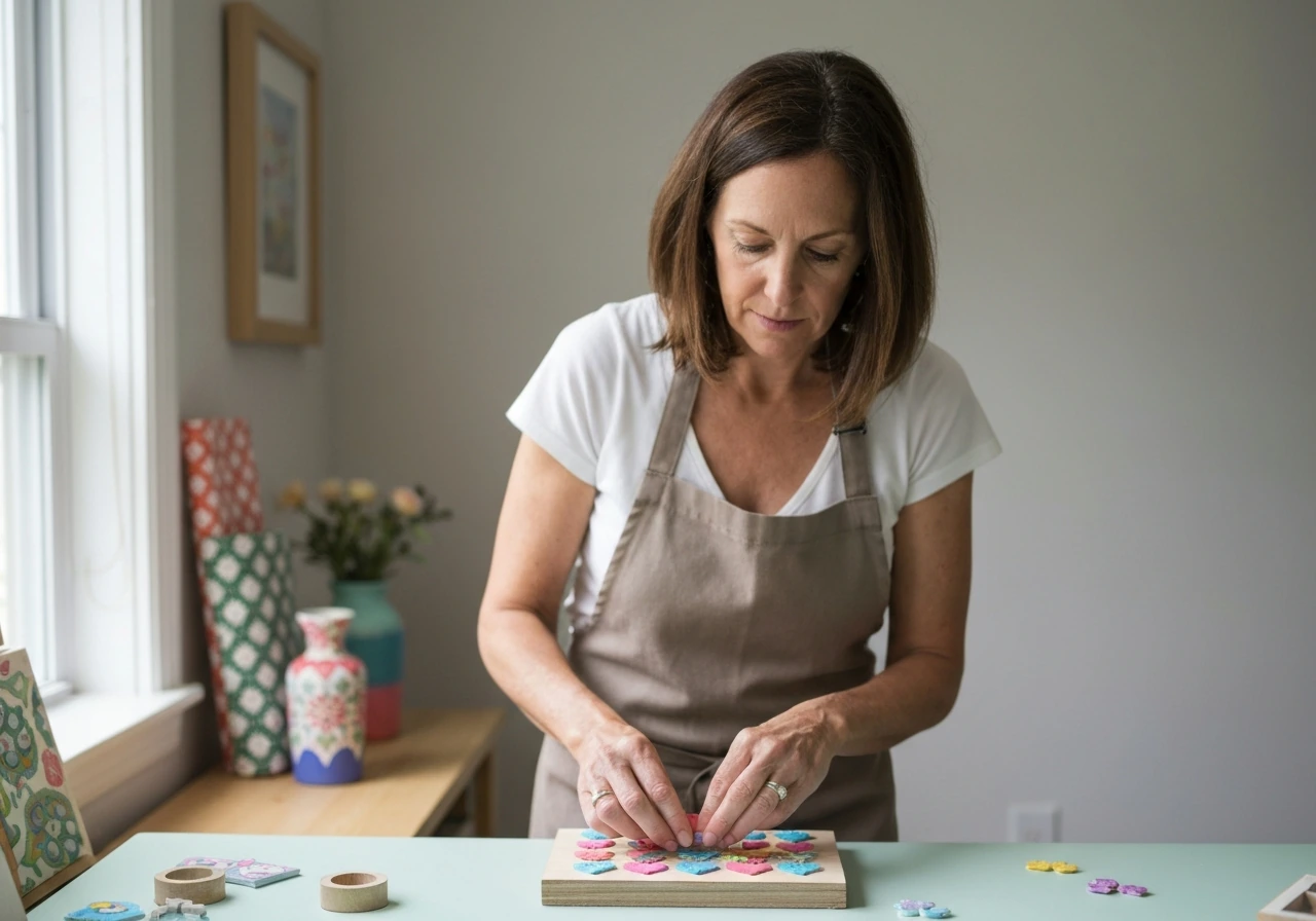 Kathy DiDomenico crafting a DIY home decor piece at a bright worktable with a playful decor backdrop