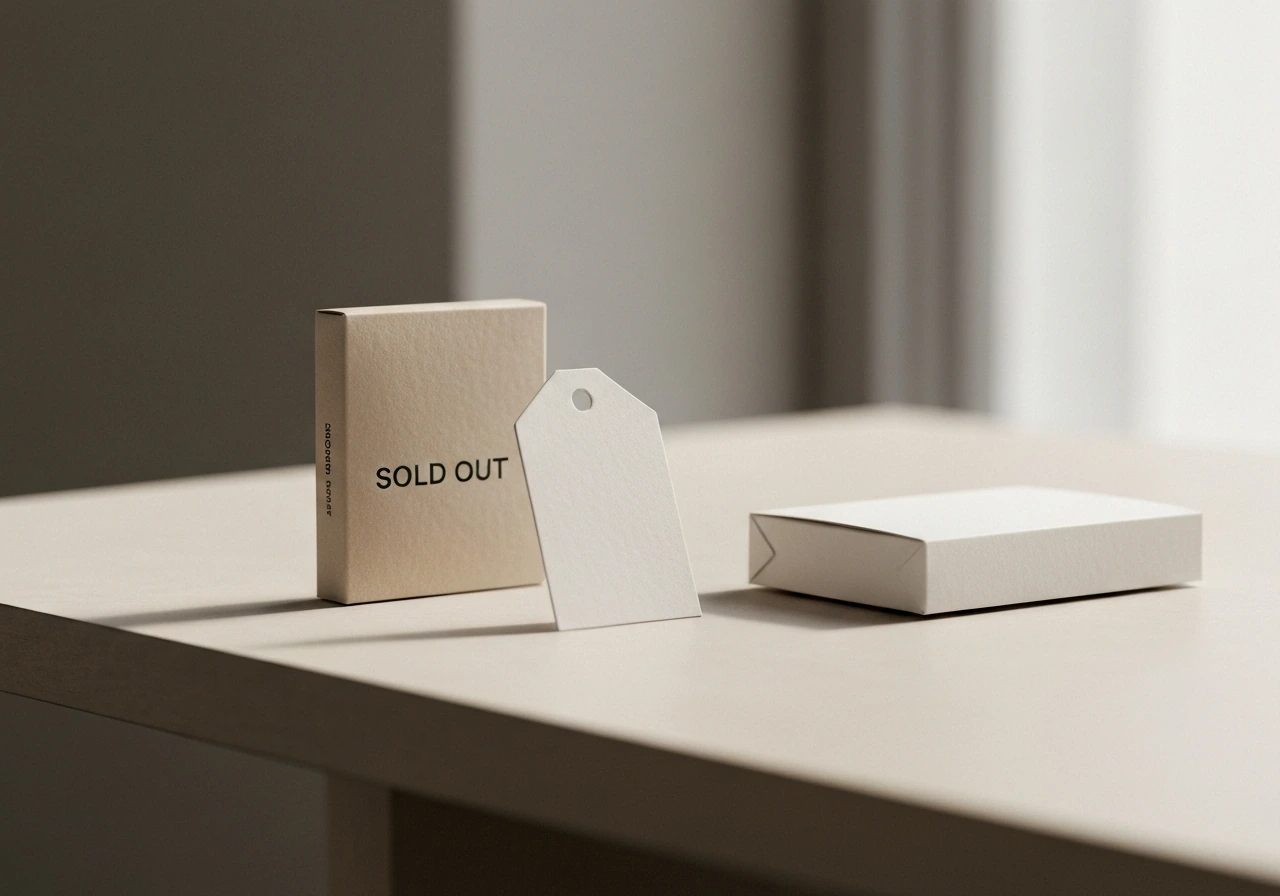 Close-up of small e-commerce products on a minimal tabletop, with generic sold-out and price-tag style indicators.