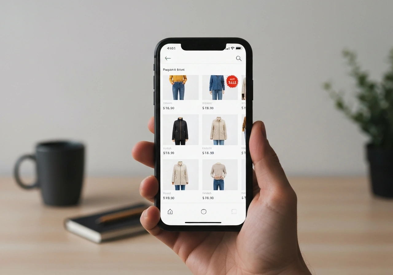 Hand holding a smartphone showing a generic e-commerce product grid with prices and a sale badge