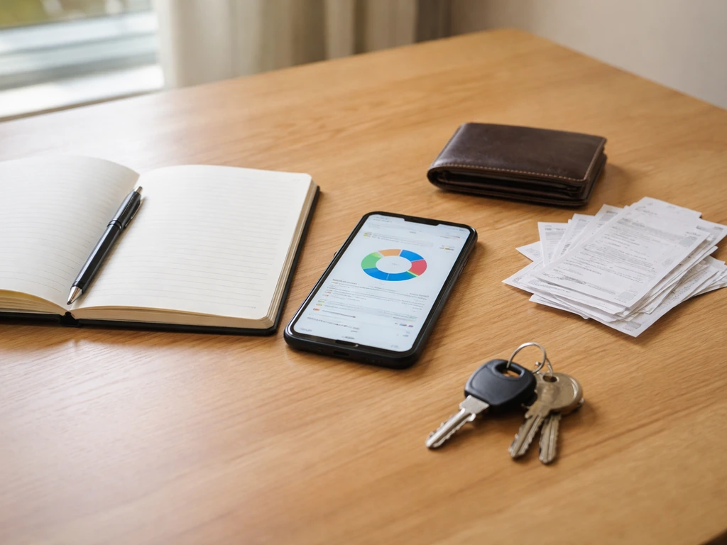 Minimal desk scene with wallet, receipts, notebook, and phone suggesting income components for a net worth estimate.