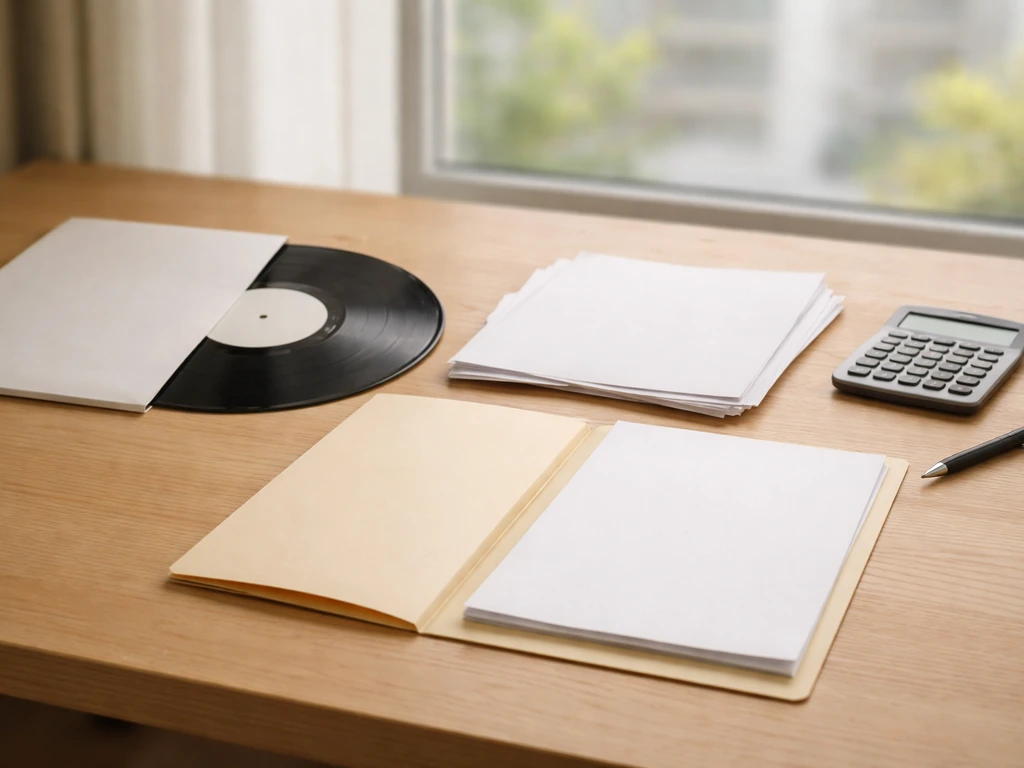 Minimal desk scene with a music catalog vinyl and an open folder beside a calculator, symbolizing assets and liabilities