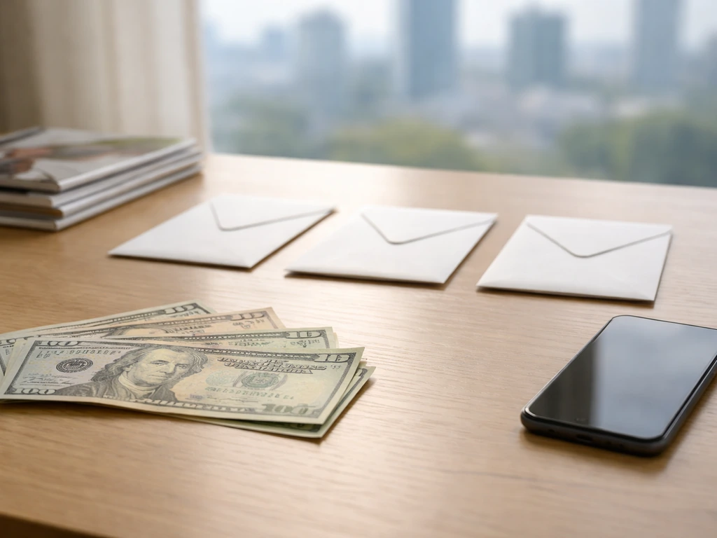 Desk with fanned cash and envelopes beside magazines, symbolizing differing net worth estimates.