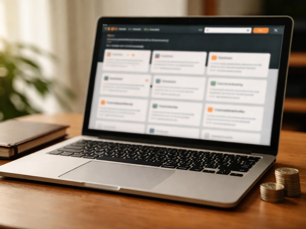 Laptop on a desk with an out-of-focus dictionary-style homepage and a small coin stack symbolizing site value.
