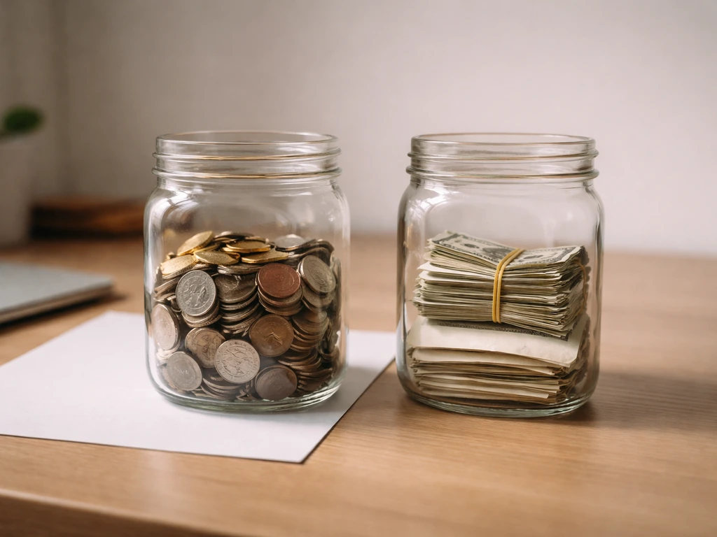 Minimal desk scene with two jars symbolizing assets and liabilities for a website valuation concept.