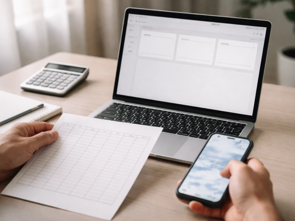 Close-up of a laptop with business tabs open and a spreadsheet-style paper beside a calculator, no text