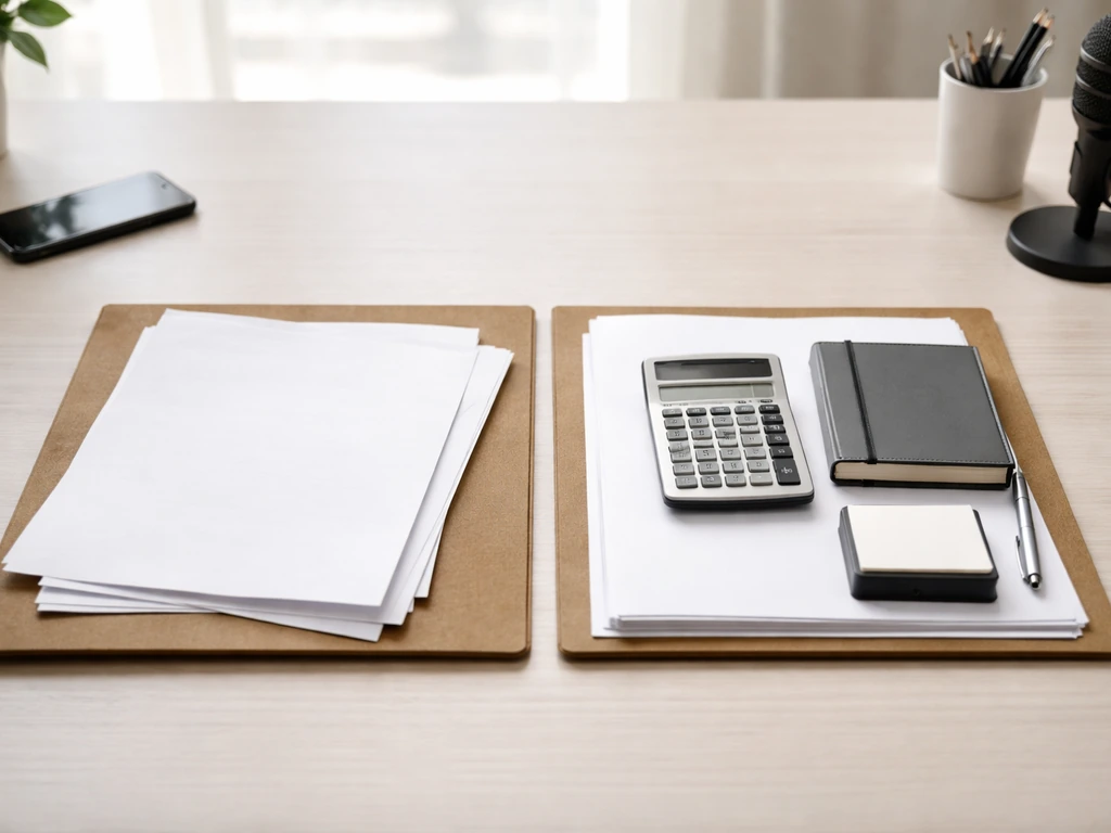 Split scene showing anonymous analyst desk with two folders: vague claims vs careful valuation notes, no text.