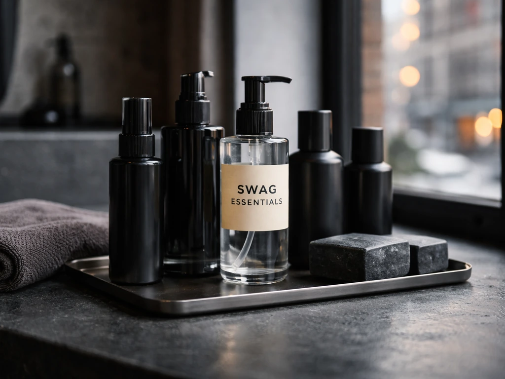 Minimal grooming products on a countertop with a premium streetwear-style brand label in a hip setting