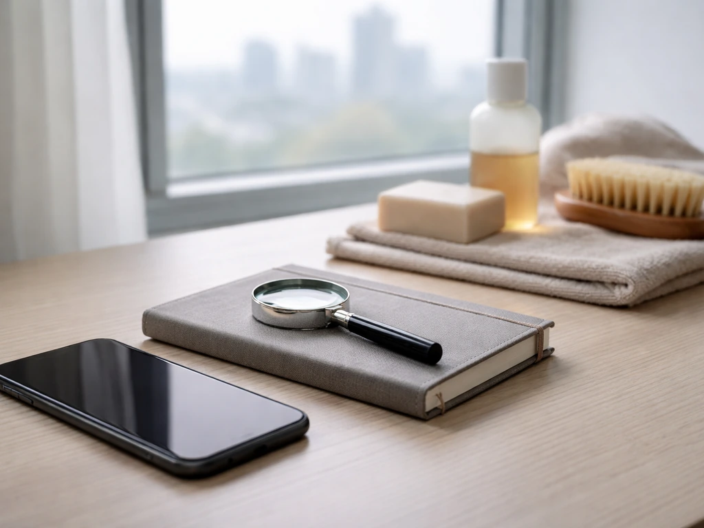Minimal desk scene with magnifying glass and personal-care items, symbolizing verifying the correct “Swag Essentials.”