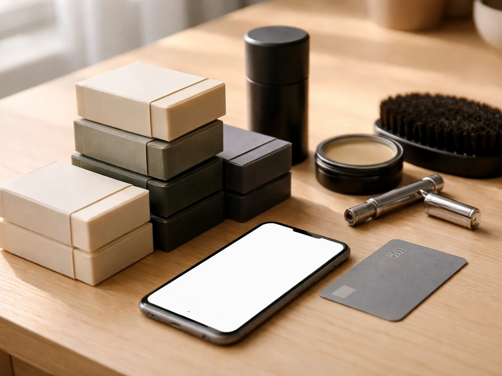 Grooming products arranged beside a smartphone and payment card for an online direct sale checkout scene.