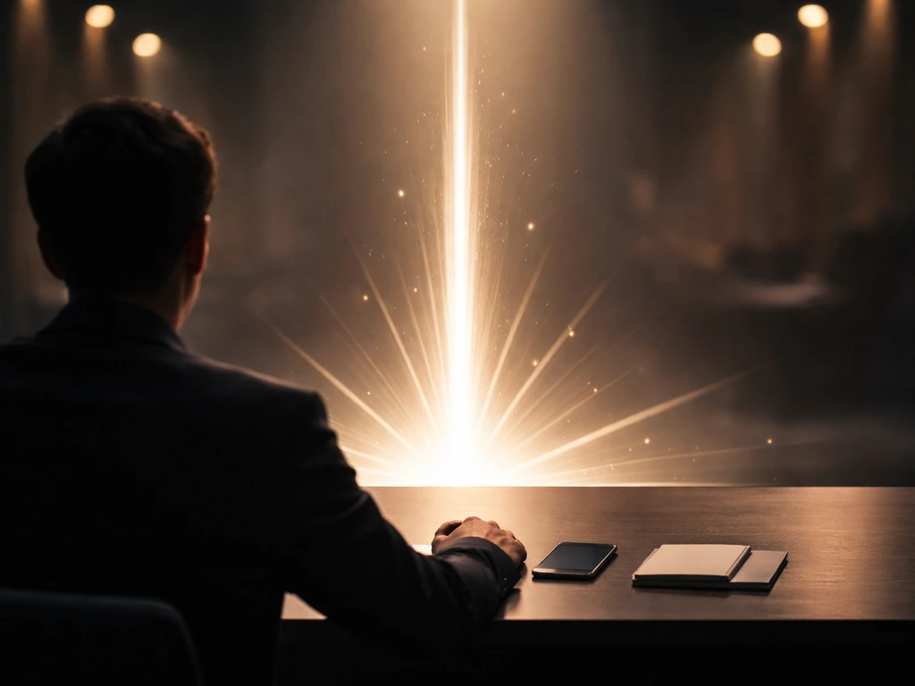 Staged business pitch moment with dramatic light and glowing upward “spike” glow over a desk