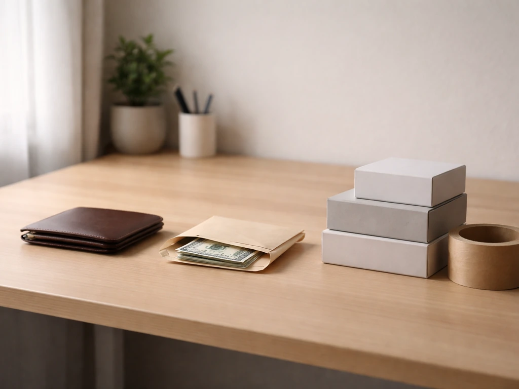 Minimal photo of a tidy desk with grooming branding materials, a cash envelope, and a small wallet suggesting assets