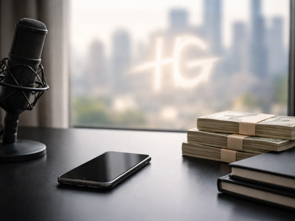 Minimal desk with microphone, off phone, stacked cash, and soft city light hinting “HG” brand concept.