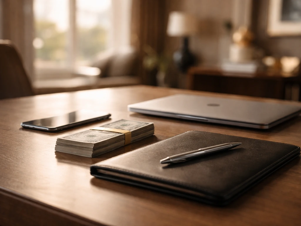 Minimal business scene with a smartphone and cash-like objects to symbolize a net-worth estimate context.