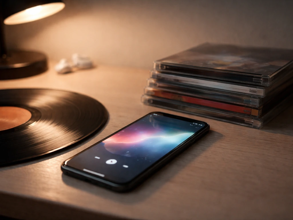Close-up of a smartphone beside stacked music albums and a streaming setup in a quiet room
