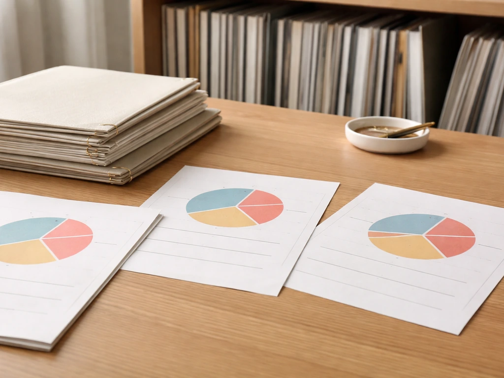 Minimal scene with label deal documents, a record catalog shelf, and royalty-split style papers on a desk