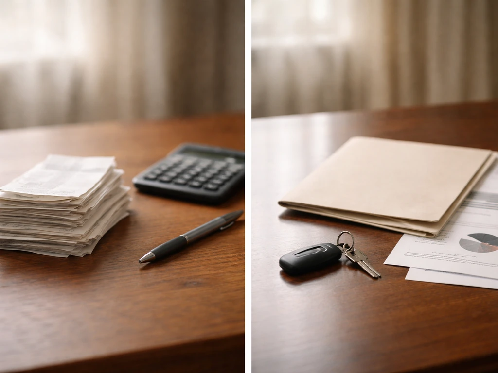 Split desk photo: receipts and calculator on one side, key and portfolio folder on the other.