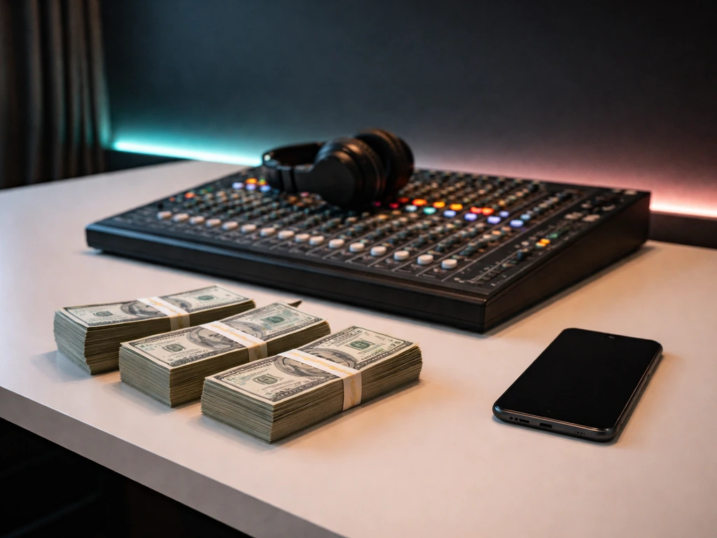 Minimal music-producer studio scene with mixing gear and cash-like props symbolizing net worth calculation.