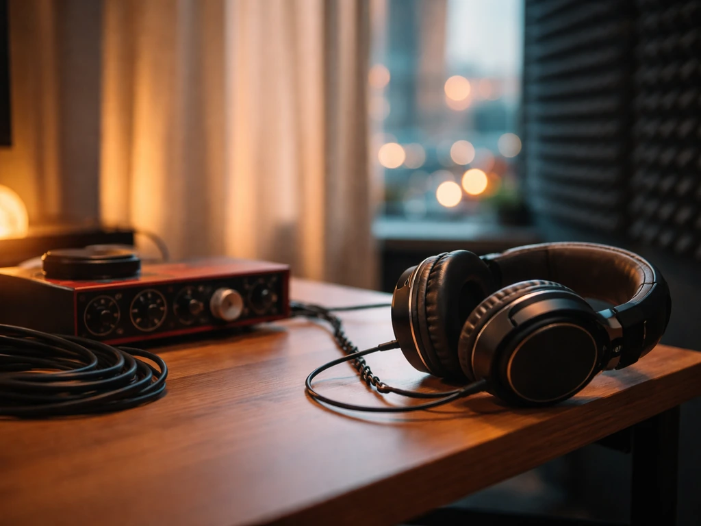 Close-up of studio headphones and audio gear on a desk with blurred city lights, symbolizing a producer’s career.