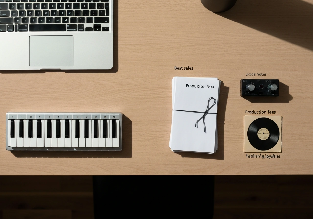 Minimal desk scene showing three separate items representing beat sales, production fees, and royalties.
