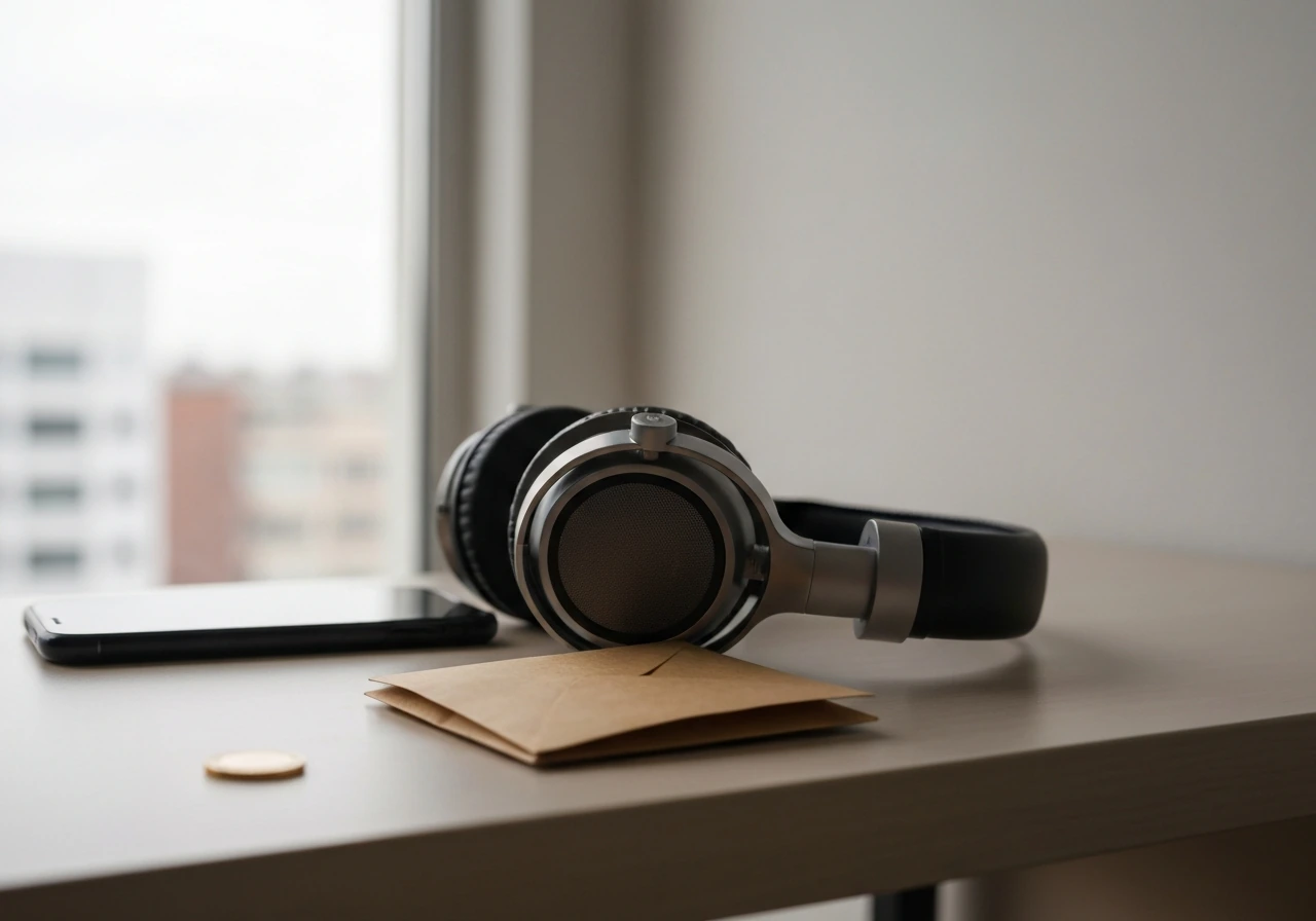 Minimal desk scene with a smartphone, money envelope, and studio headphones suggesting career-driven income changes over