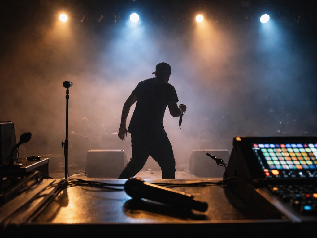Anonymous live dancehall stage scene with microphone stand and dramatic lights under haze