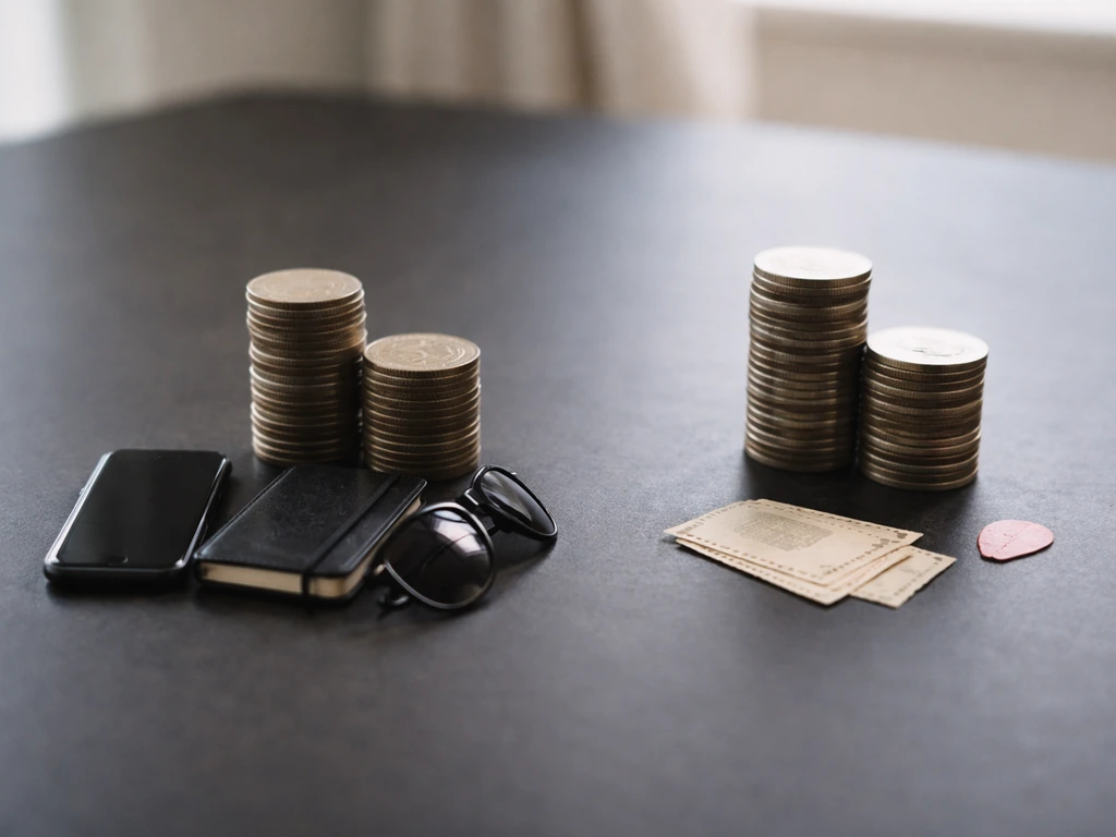 Minimal tabletop scene with two coin stacks and small category objects suggesting different income sources.