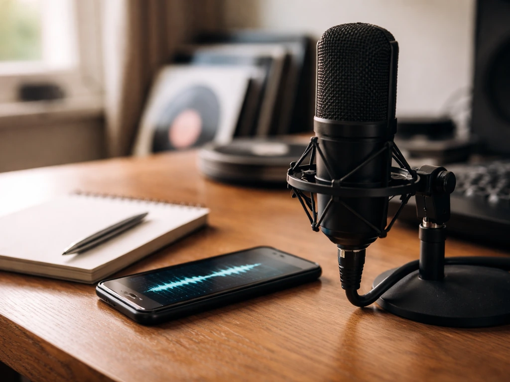 Minimal photo of a music producer’s desk with a smartphone and microphone, symbolizing career milestones and earnings