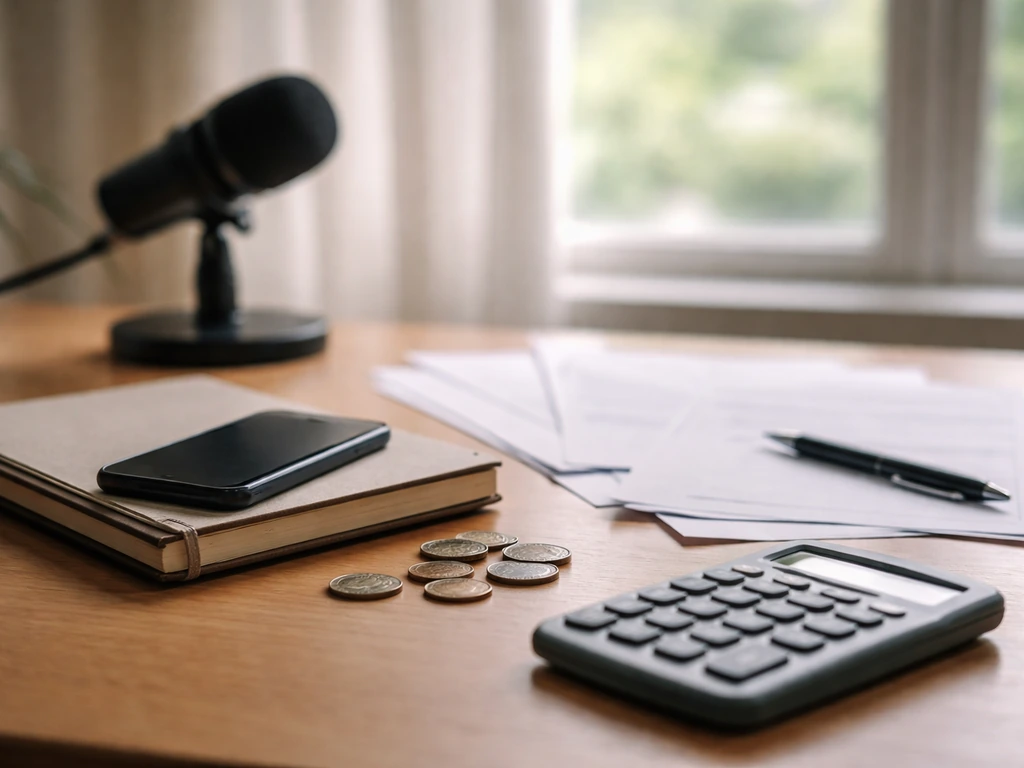 Coins and research tools on a home-office desk with a microphone in the background, suggesting finance estimates.