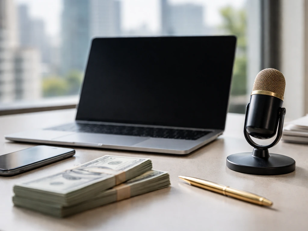 Minimal finance desk with dark laptop screen, microphone, and a small stack of cash by a window.