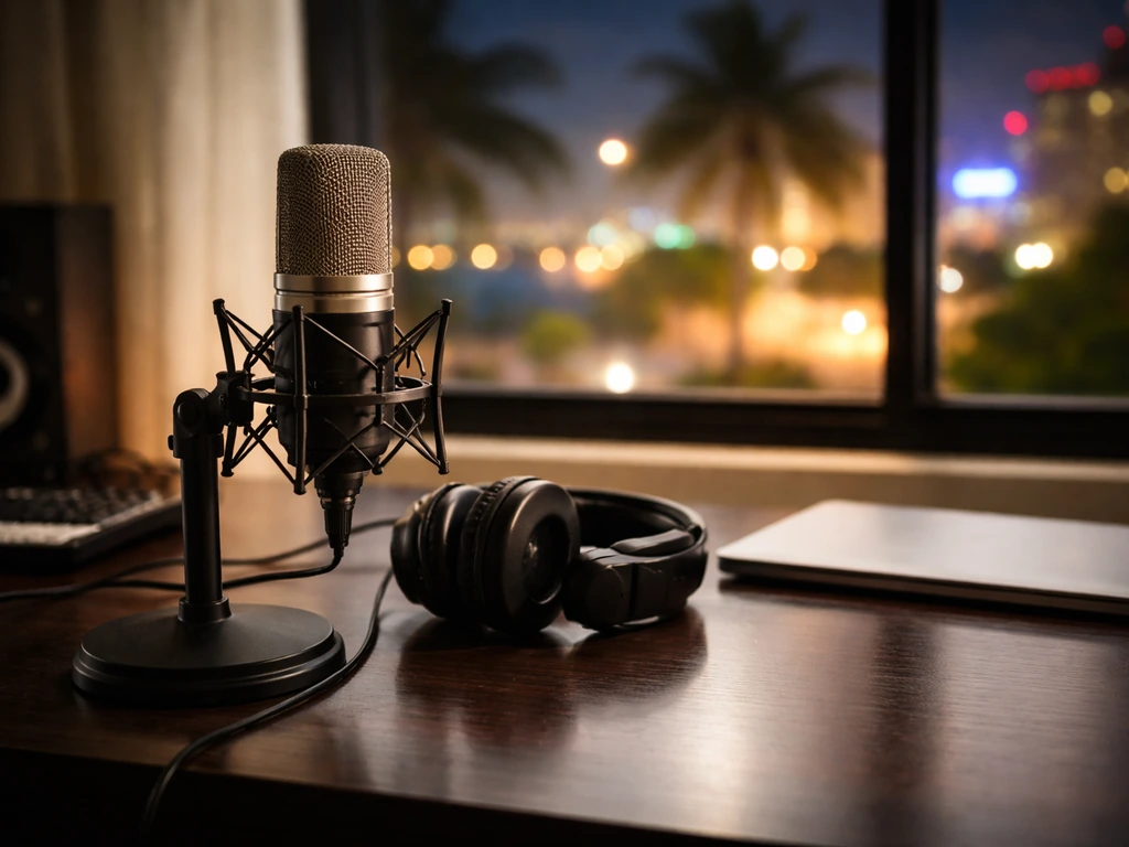 Minimal photo of a quiet music studio desk with a microphone and warm city-night window light
