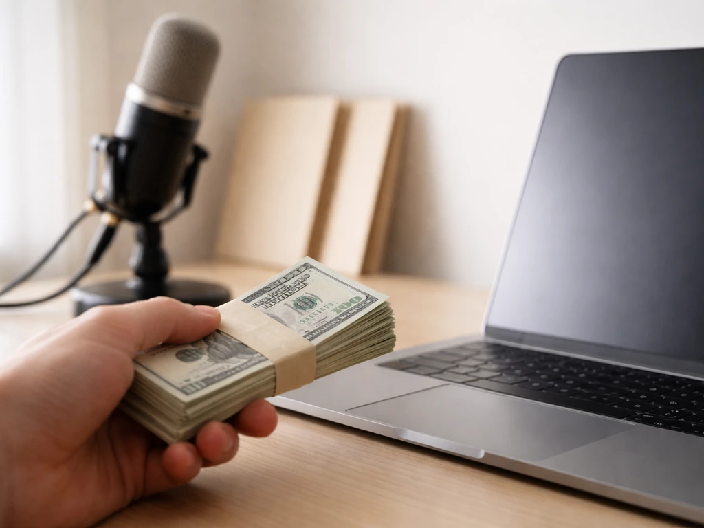 Minimal photo of a person working at a desk with cash, a laptop, and studio mic, symbolizing income and calculations.