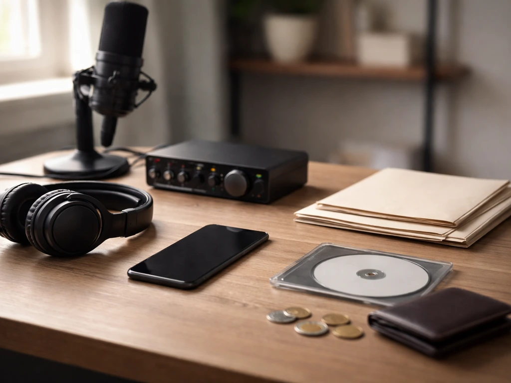Minimal studio desk scene with microphone, headphones, phone, coins, and blank music media to suggest streaming royaltie