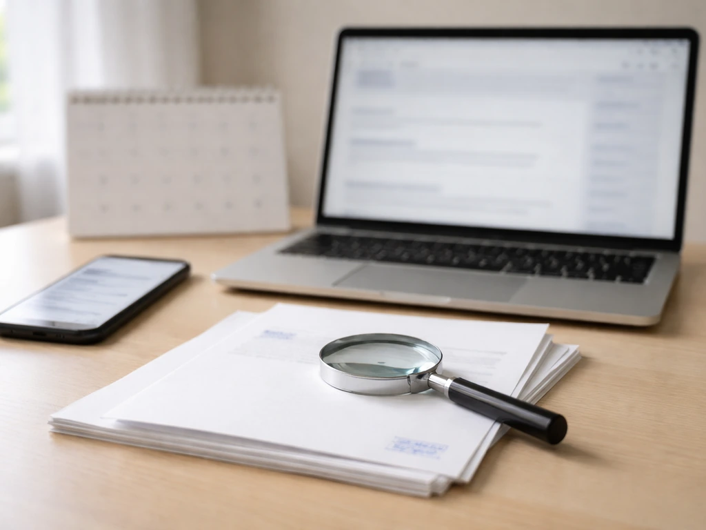 Desk with documents, magnifying glass, smartphone and laptop showing blurred pages for verification updates.