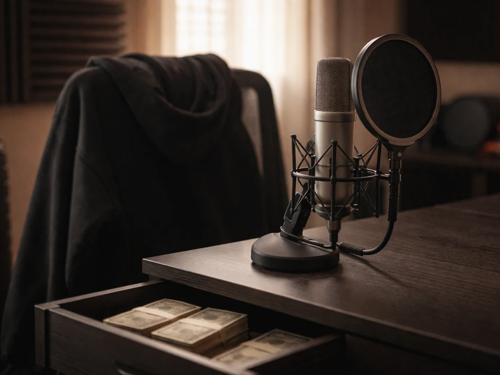 Minimal studio scene symbolizing an Atlanta rapper: dark hoodie on a chair beside a microphone and cash-styled props