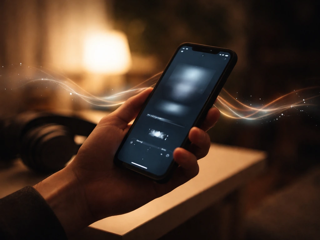 Hand holding a smartphone showing a quiet music streaming home screen with abstract waveform glow