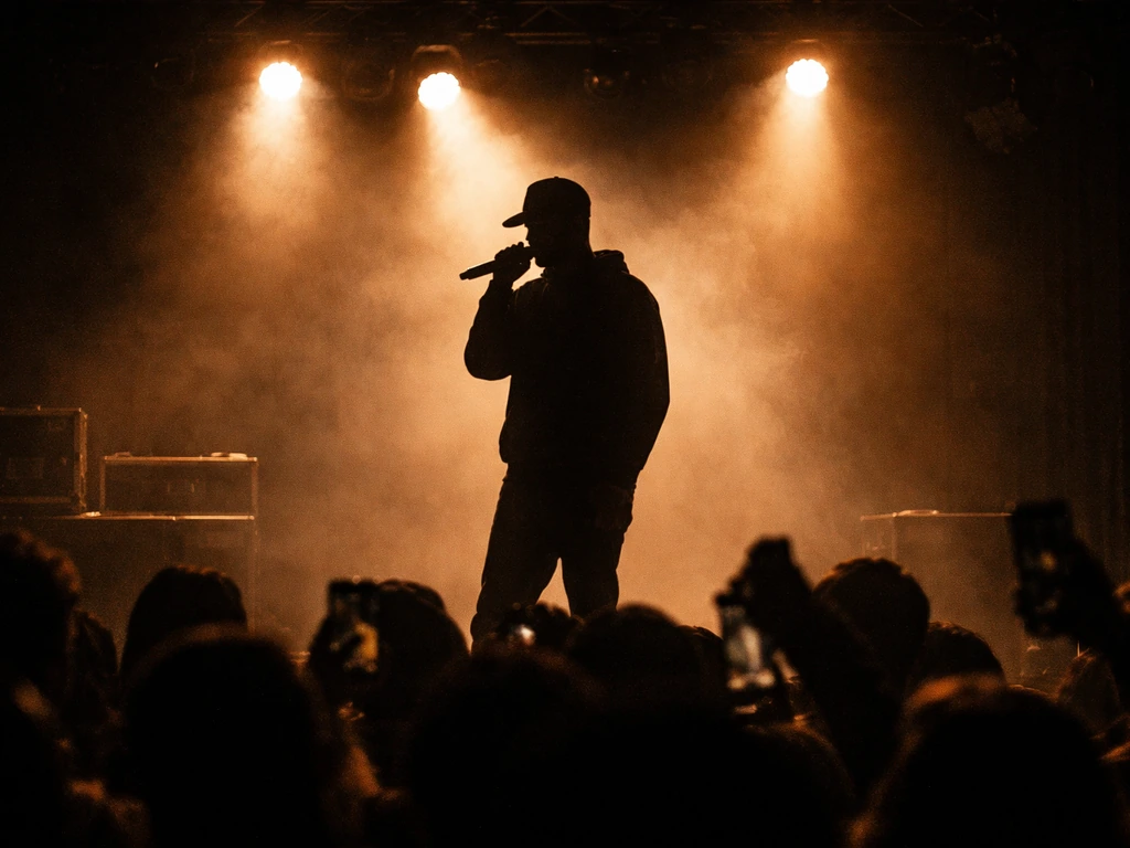 Anonymous rapper silhouette performing under warm spotlights with blurred crowd in the background
