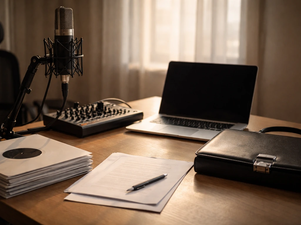 Empty studio desk with microphone, mixing console, and vinyl records suggesting label collaborations and publishing.