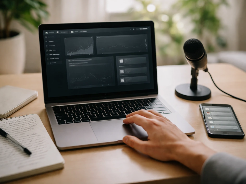 Candid photo of a laptop and smartphone on a desk with a microphone, showing media analytics without readable text.