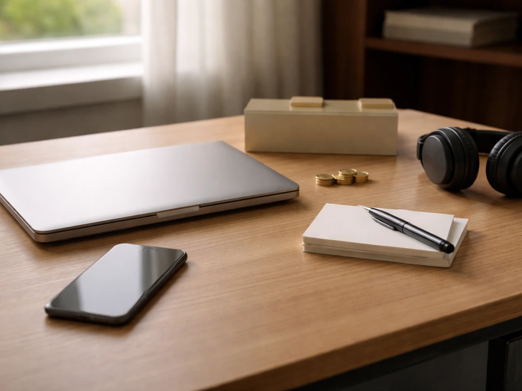 Minimal desk scene with scattered media notes and a laptop showing neutral finance research mood