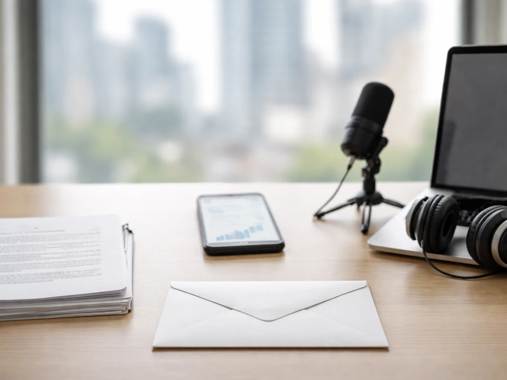 Minimal desk scene with three evidence-like items converging toward an empty envelope, symbolizing estimate triangulatio