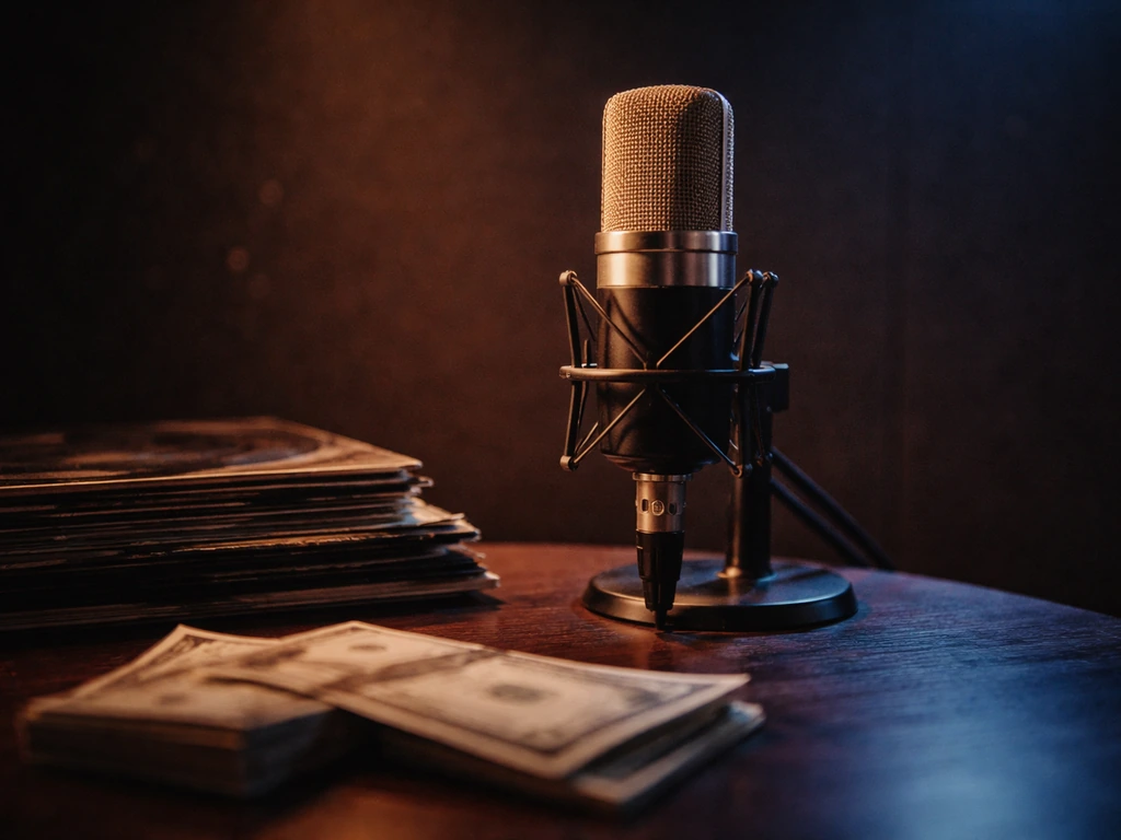 Moody late-80s New Jack Swing–style studio scene with a vintage microphone, vinyl and cash-like props, no faces.